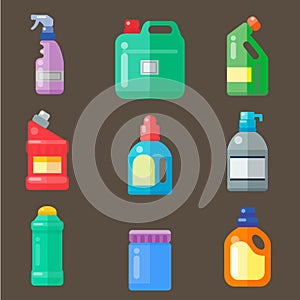 Bottles of household chemicals supplies cleaning housework plastic detergent liquid domestic fluid cleaner pack vector