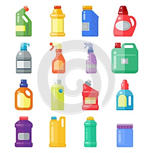 Bottles of household chemicals supplies cleaning housework plastic detergent liquid domestic fluid cleaner pack vector