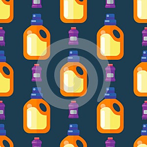 Bottles of household chemicals supplies cleaning housework seamless pattern domestic fluid cleaner pack vector