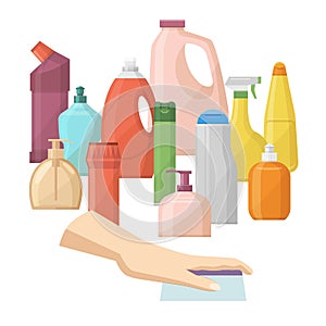 Bottles of household chemicals supplies and cleaning housework vector illustration. Plastic detergent liquid, domestic