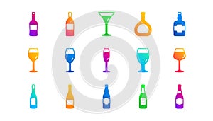 Bottles icons. Beer drinks, Wine glass and Whiskey bottle. Classic icon set. Vector
