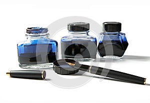 bottles with ink and fountain pen