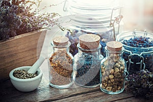 Bottles and jars of healing herbs, mortar and box of dry flowers.