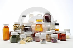 bottles and jars of nutritional supplements neatly arranged on a white background