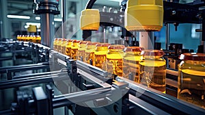 Bottles with juice or medicine on the packing line of the plant