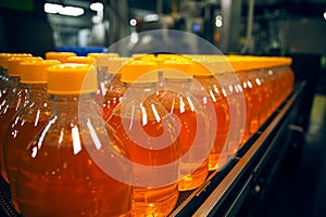 Bottles of juice and water glide along conveyor inside bustling beverage factory