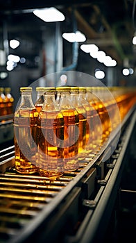 Bottles of juice and water glide along conveyor inside bustling beverage factory