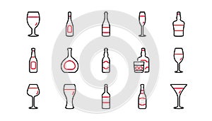 Bottles line icons. Beer drinks, Wine glass and Whiskey bottle. Linear icon set. Vector