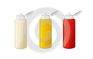 Bottles of mayonnaise,ketchup,mustard sauce with cover in realistic style