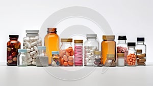 Bottles of medical pills on white background