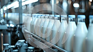 Bottles of milk on an industrial assembly line in a factory setting. World Milk Day