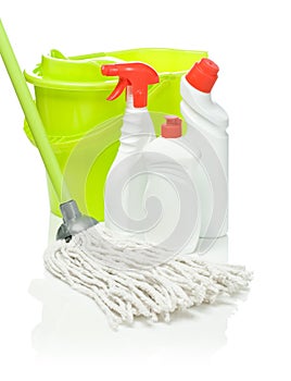 Bottles mop and bucket isolated