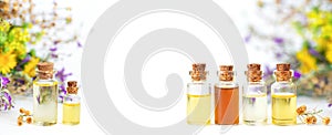 Bottles of natural cosmetic essential oils isolated on white background