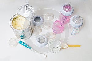 Bottles, nipples and teats for feeding baby with milk formula.