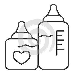 Bottles with nipples thin line icon. Two plastic feeding bottle for newborn with milk outline style pictogram on white