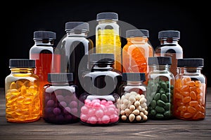 bottles of nutritional supplements in assortment of colors, shapes and sizes