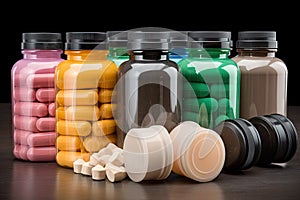 bottles of nutritional supplements in assortment of colors, shapes and sizes