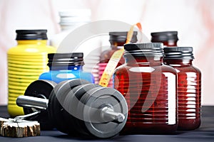 bottles of nutritional supplements with medical symbols on the label