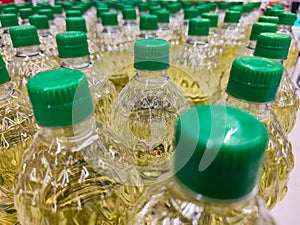 Bottles of olive oil in the process of being packaged for export and sale
