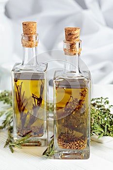 Bottles of olive oil with spices and herbs