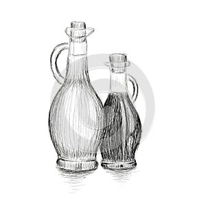 Bottles of olive oil and vinegar hand drawn vector illustration. Set of cooking bottles sketch