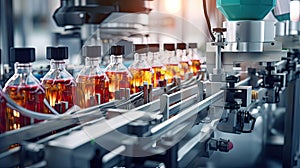 Bottles with orange juice or medicine on the packing line of the plant