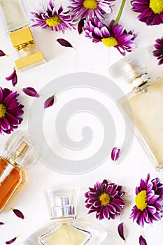 Bottles of perfume and flowers on white background.