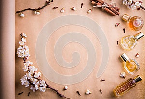 Bottles of perfume with ingredients