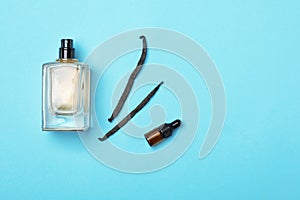 Bottles of perfume and vanilla pods on color background