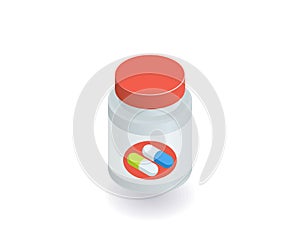 Bottles with pills and capsules icon. Vector illustration in flat isometric 3D style