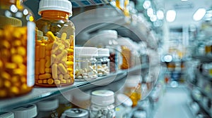 bottles of pills and medication on pharmacy shelf