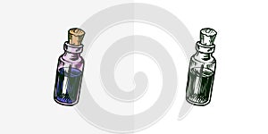 Bottles with potion. Nostrum or arcanum. Vintage engraving sketch. Doodle outline. Hand drawing.