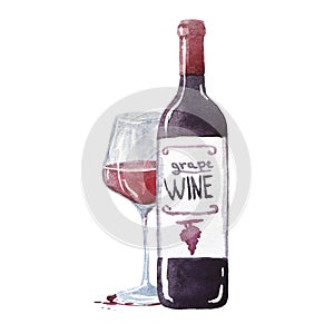 A bottles of red grape wine with a glass. Watercolor hand drawn illustration