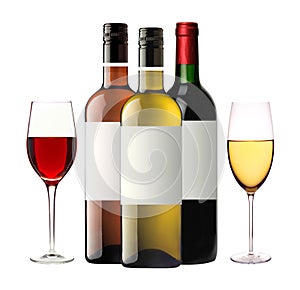 Bottles of red, pink and white wine and wineglasses isolated