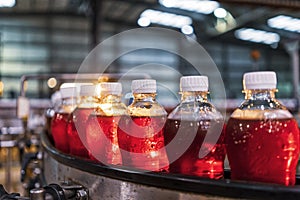 Bottles of red soda in the factory line.