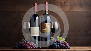 Bottles of red wine with grapes on a wooden background