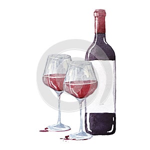 A bottles of red wine and two glasses. Watercolor hand drawn illustration