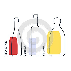 Bottles red wine vodka tequila in row. Continuous line object on white background. Black thin outline and color fill. Modern flat