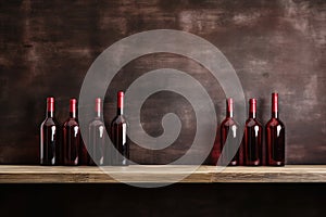 Bottles of red wine on a wooden shelf. Copy space for winery