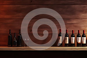 Bottles of red wine on a wooden shelf. Copy space for winery