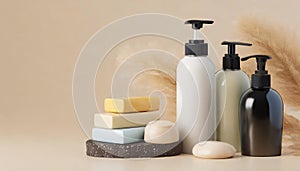 Bottles of shampoo and soap bars on beige background with copy space