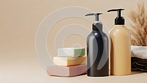 Bottles of shampoo and soap bars on beige background with copy space