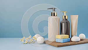 Bottles of shampoo and soap bars on blue background with copy space