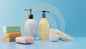 Bottles of shampoo and soap bars on blue background with copy space