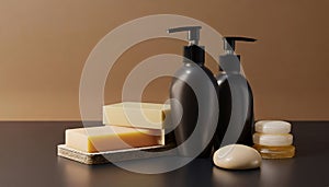 Bottles of shampoo and soap bars on brown background with copy space