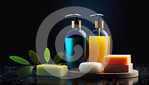 Bottles of shampoo and soap bars on dark background with copy space