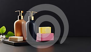 Bottles of shampoo and soap bars on dark background with copy space
