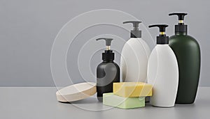 Bottles of shampoo and soap bars on gray background with copy space