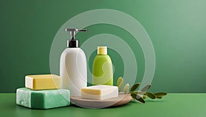 Bottles of shampoo and soap bars on green background with copy space