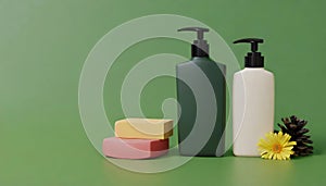 Bottles of shampoo and soap bars on green background with copy space